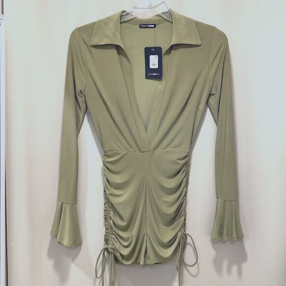 (NWT) FASHION NOVA Short Shorts Romper. Light Olive, S - Picture 1 of 10